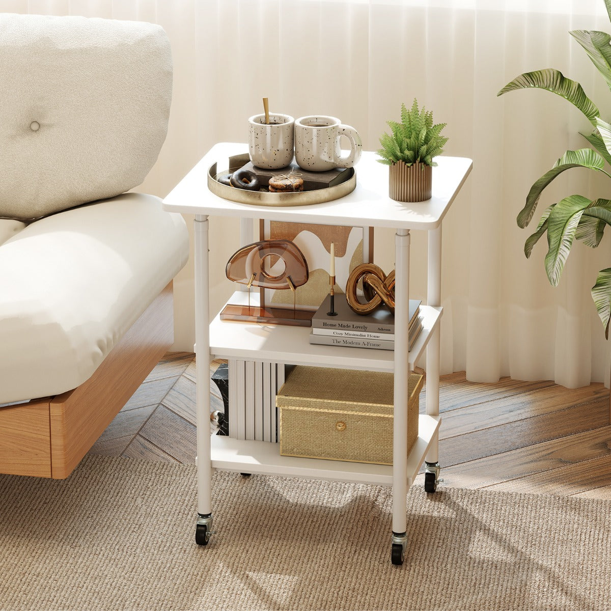 Carrello stampante a con ripiani di stoccaggio e ruote con blocco-Scaffale di stoccaggio mobile per scanner e fax Bianco