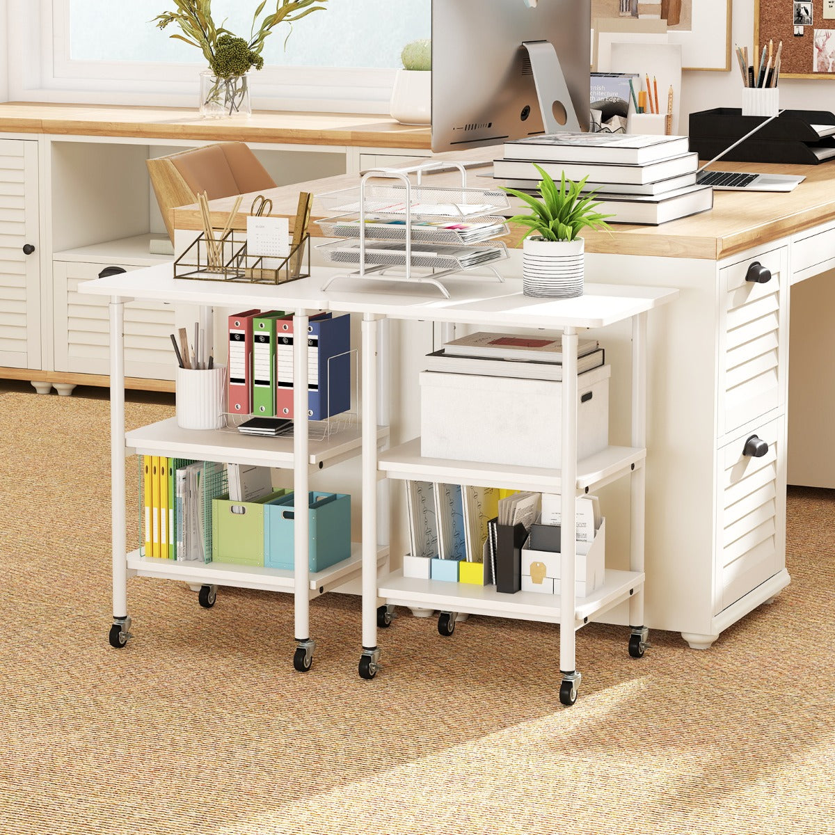 Carrello stampante a con ripiani di stoccaggio e ruote con blocco-Scaffale di stoccaggio mobile per scanner e fax Bianco