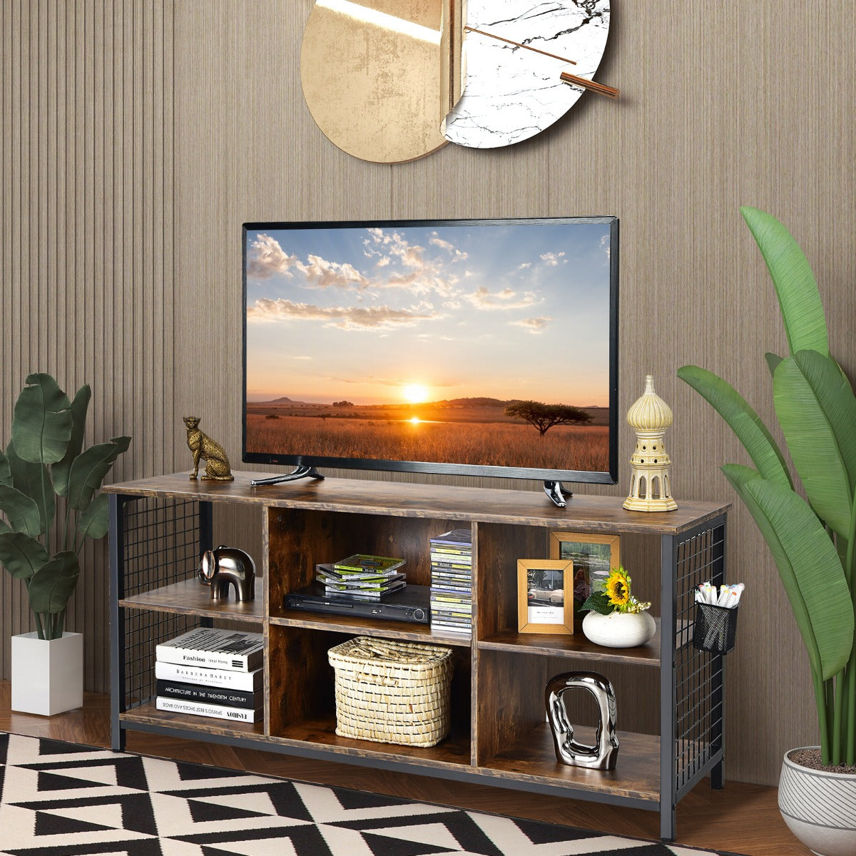 Supporto TV industriale con cesto portaoggetti 2 fori per la gestione dei cavi-Tavolo multimediale a 3 ripiani Marrone