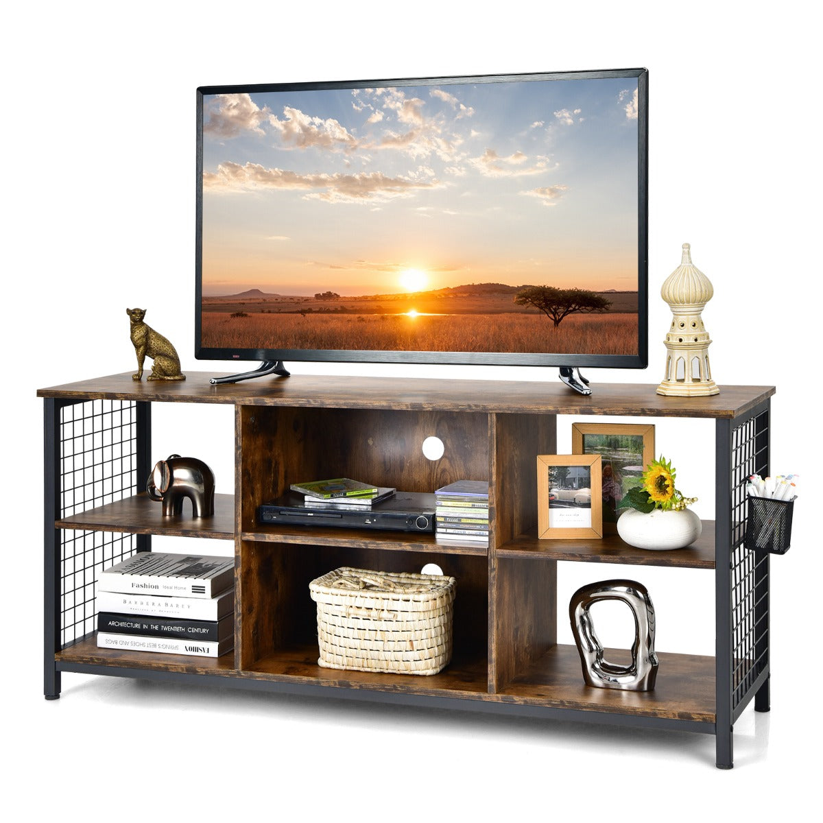 Supporto TV industriale con cesto portaoggetti 2 fori per la gestione dei cavi-Tavolo multimediale a 3 ripiani Marrone