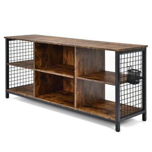 Supporto TV industriale con cesto portaoggetti 2 fori per la gestione dei cavi-Tavolo multimediale a 3 ripiani Marrone