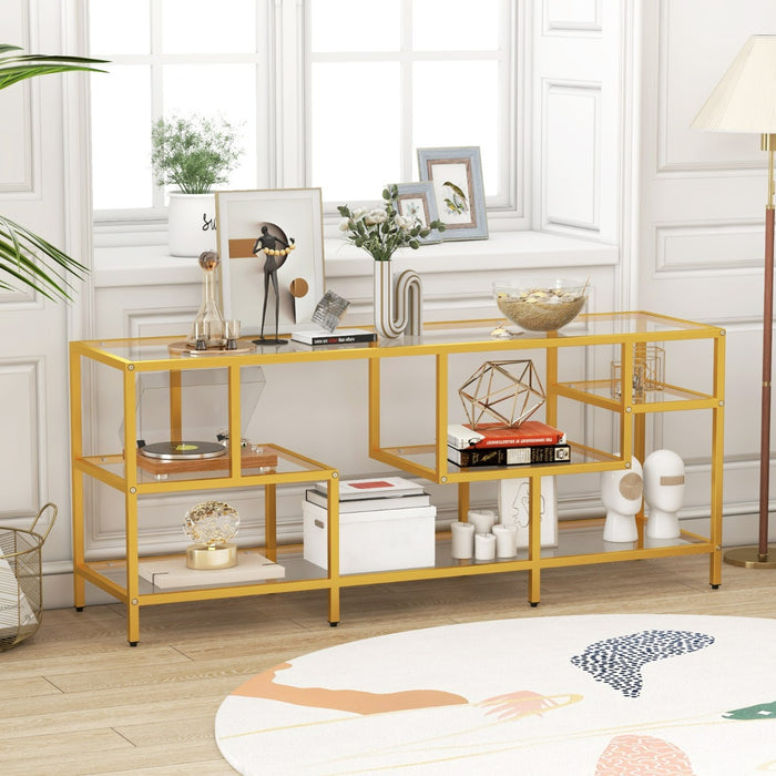 Supporto TV moderno per TV fino a 65 pollici per soggiorno-Tavolo consolle TV con mensole in vetro temperato Oro