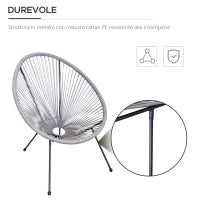 Set di 4 Sedie da Giardino Ovali in Rattan PE e Metallo in Stile Boho Chic, Grigio Chiaro