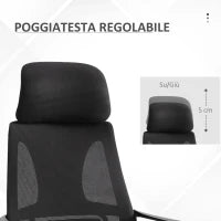 Sedia da Ufficio Reclinabile con Poggiatesta e Supporto Lombare, in Poliestere, 64x55x116-126 cm, Nero