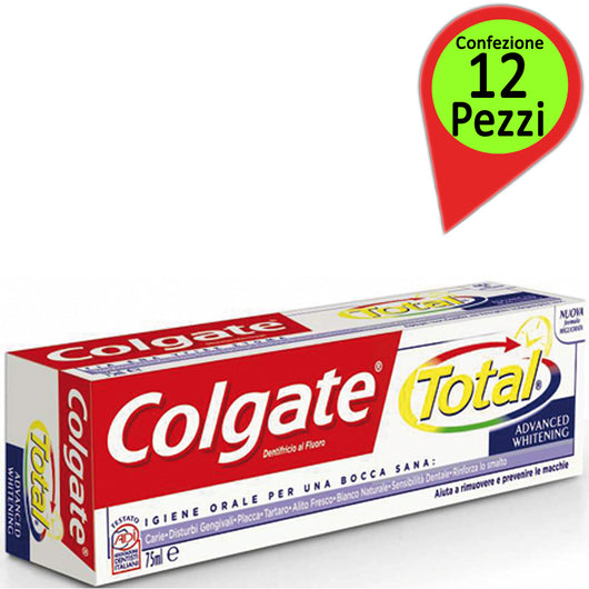 Dentifricio colgate total advanced whitening confezione da 12 dentifrici da 75 millilitri ciascuno