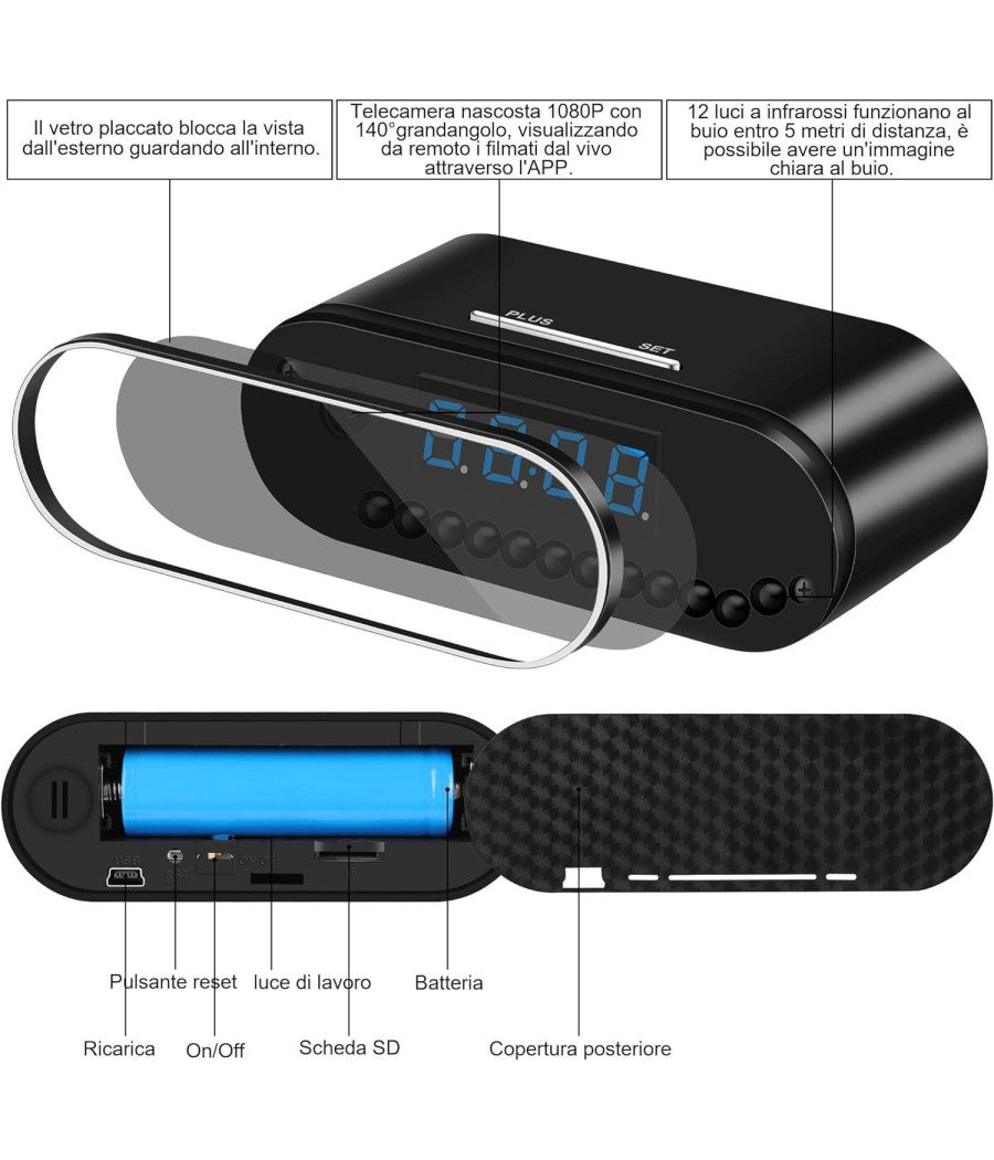 Sveglia Orologio Con Telecamera Spia Nascosta Con Visione Notturna Sorveglianza         