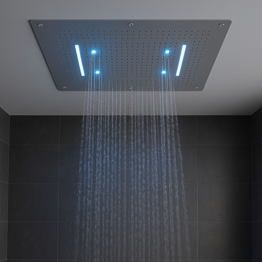 Soffione doccia led a incasso a soffitto installazione con cascata materiale acciaio inox rettangolare