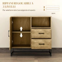 Credenza Moderna con 2 Cassetti, Armadietto Regolabile e Ripiano Aperto, in Legno e Acciaio, 80x40x78 cm, Marrone