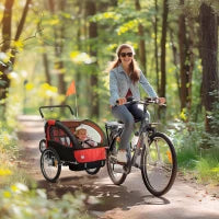 Rimorchio per Bicicletta per Bambini 2 in 1 con Cintura di Sicurezza a 5 Punti, Riflettori, Bandiera e Tendina Antivento, Rosso