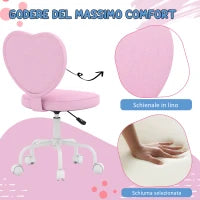 Sedia per Scrivania a Forma di Cuore con 5 Rotelle e Altezza Regolabile in Tessuto Rosa, 42x50x79-89cm