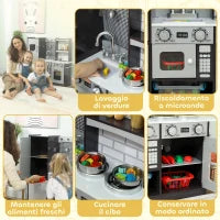 Cucina Giocattolo per Bambini 3-8 Anni in Legno con Accessori, Frigo, Lavandino e Manopole con Suoni, Marrone
