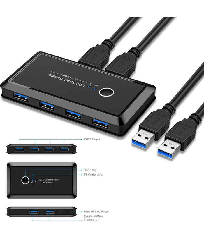 Switch Box Usb 2.0 Hub 2 Ingressi 4 Uscite Per Condividere 2 Pc Computer Q-u100         