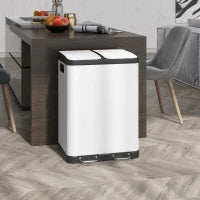 Bidone da Cucina 2 x 30L con Pedale in Acciaio Inossidabile, 2 Scomparti, Coperchio a Chiusura Morbida, 60L, Bianco