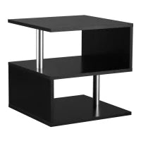 Tavolino Basso Da Salotto, Tavolino da Salotto Bianco, Design Moderno, Superficie Ampia, Due Ripiani, Forma S, in Legno e Ferro, 50 x 50 x 50cm, Nero