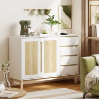 Credenza con 2 porte e 4 cassetti, con scaffale regolabile, 120 x 40 x 86 cm, Bianco e rovere