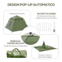 Tenda da Campeggio 2 Posti con Veranda, Finestre e Porta con Cerniera, 210x210x150 cm, Verde