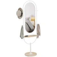 Specchio da Terra a Figura Intera 175,5x50 cm con Vassoio in Legno 4 Ganci e Cornice in Metallo per Soggiorno Camera Bianco