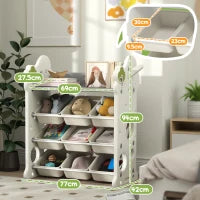 Scaffale Portagiochi a 4 Livelli con 9 Contenitori e Gancio Laterale, in HDPE, 77x42x94 cm, Bianco Crema