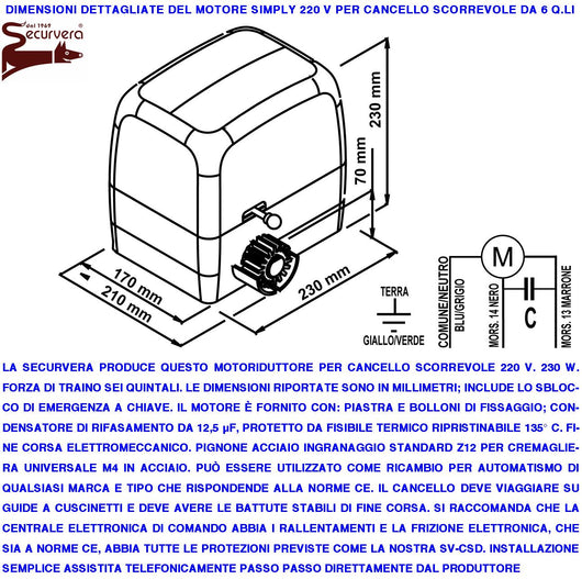 Motore 230 V Ricambio per Cancello Scorrevole Traina 6 Q.li 2 Radiocomandi Pignone Acciaio M4 Z12 Fine Corsa Elettromeccanico Con Guide 2 Chiavi Sblocco Emergenza Compatibile Con Qualsiasi Marca CE