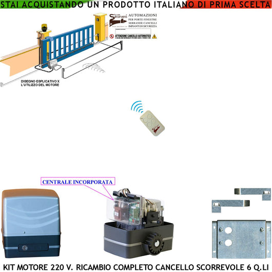 Motore 230 V Ricambio per Cancello Scorrevole Traina 6 Q.li Radiocomando Pignone Acciaio M4 Z12 Fine Corsa Elettromeccanico Guide D'invito 2 Chiavi Sblocco Emergenza Compatibile Con Qualsiasi Marca CE