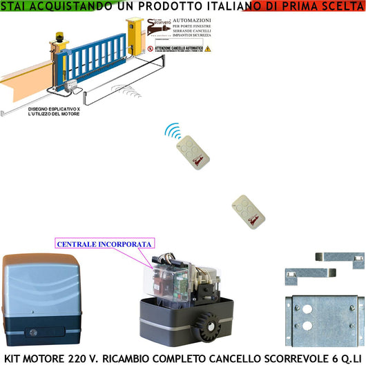 Motore 230 V Ricambio per Cancello Scorrevole Traina 6 Q.li 2 Radiocomandi Pignone Acciaio M4 Z12 Fine Corsa Elettromeccanico Con Guide 2 Chiavi Sblocco Emergenza Compatibile Con Qualsiasi Marca CE