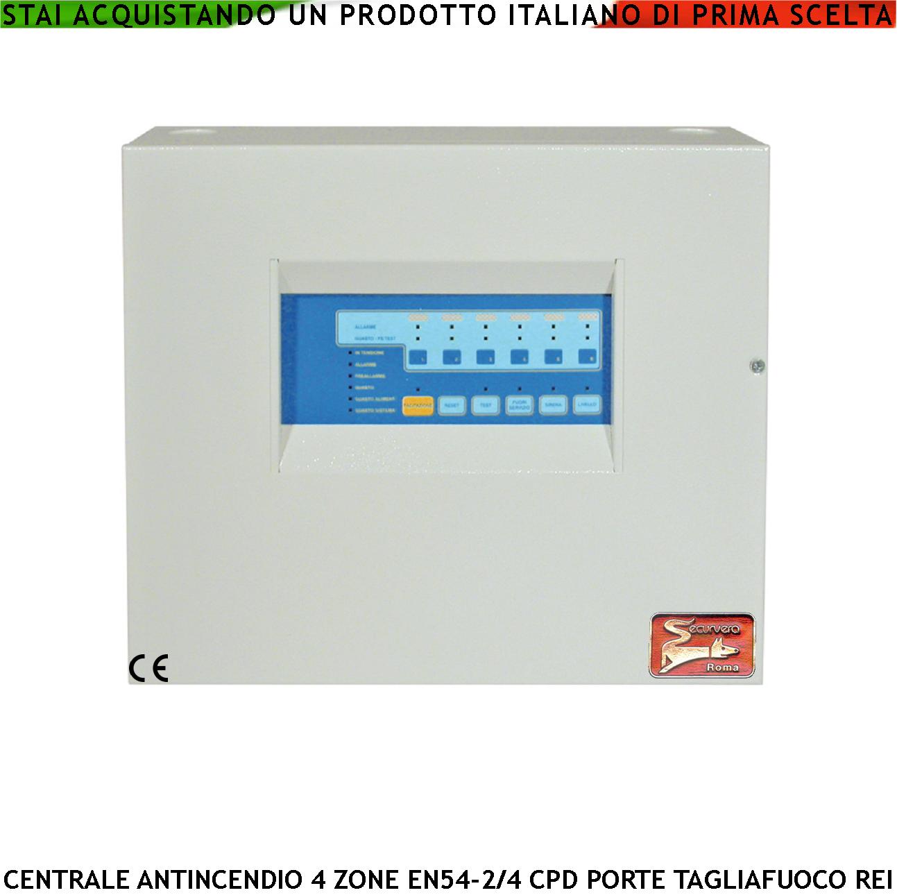 CENTRALE ANTINCENDIO 4 ZONE GESTISCE 128 SENSORI COMANDA ELETTROMAGNETI PER PORTE R.E.I ALLARME TELEFONICO SIRENE SPEGNIMENTO