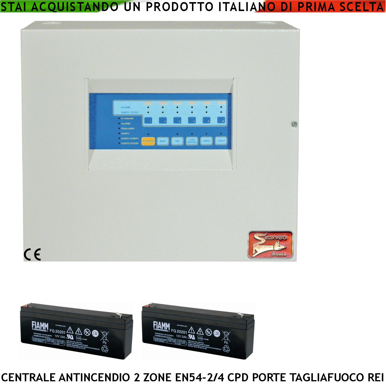 CENTRALE ANTINCENDIO 2 ZONE GESTISCE 65 SENSORI COMANDA BLOCCA PORTE R.E.I ALLARME TELEFONICO SIRENE SPEGNIMENTO 2 BATTERIE 12 V 2 AH