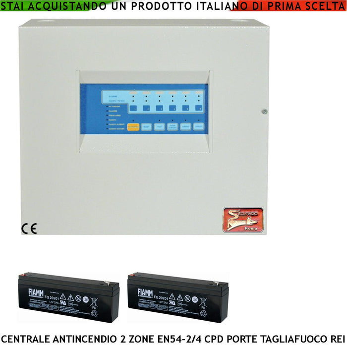 CENTRALE ANTINCENDIO 2 ZONE GESTISCE 65 SENSORI COMANDA BLOCCA PORTE R.E.I ALLARME TELEFONICO SIRENE SPEGNIMENTO 2 BATTERIE 12 V 2 AH