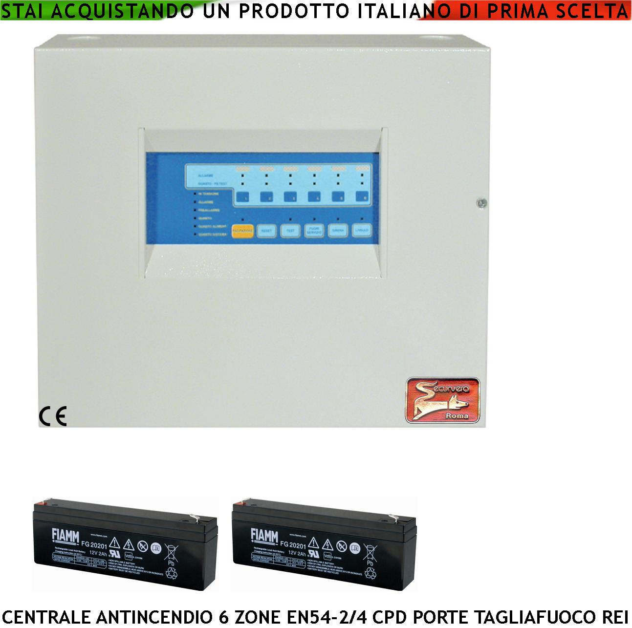 CENTRALE ANTINCENDIO 6 ZONE GESTISCE 192 SENSORI COMANDA BLOCCA PORTE R.E.I ALLARME TELEFONICO SIRENE SPEGNIMENTO 2 BATTERIE 12 V 2 AH