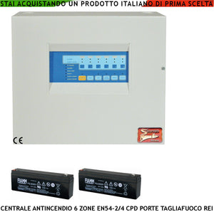 CENTRALE ANTINCENDIO 6 ZONE GESTISCE 192 SENSORI COMANDA BLOCCA PORTE R.E.I ALLARME TELEFONICO SIRENE SPEGNIMENTO 2 BATTERIE 12 V 2 AH