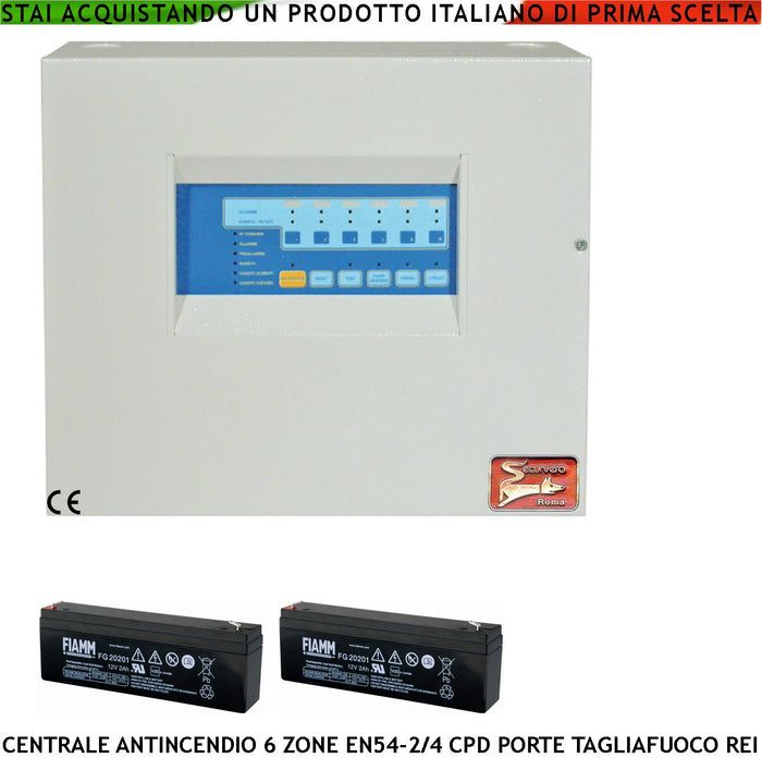 CENTRALE ANTINCENDIO 6 ZONE GESTISCE 192 SENSORI COMANDA BLOCCA PORTE R.E.I ALLARME TELEFONICO SIRENE SPEGNIMENTO 2 BATTERIE 12 V 2 AH