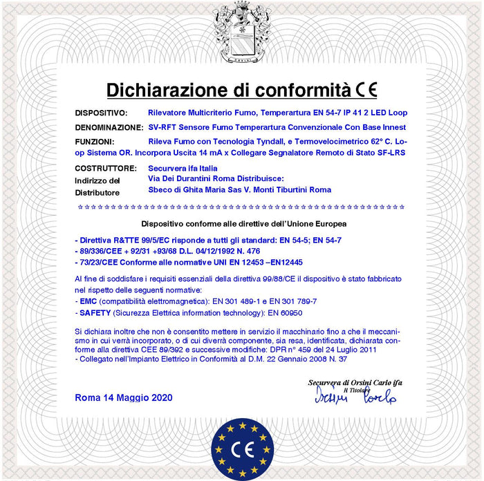 SENSORI DI FUMO 5 RILEVATORI DI TEMPERATURA MULTICRITERIO ANTINCENDIO LOOP 2 LED USCITA OC 14 MA SEGNALAZIONE REMOTA