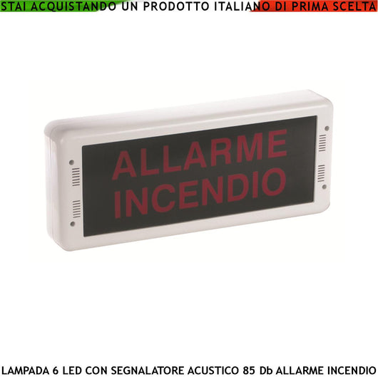 PANNELLO LAMPADA LED SIRENA 85 dB SCRITTA ALLARME INCENDIO VIA DI FUGA EN 54-3 EN-54-23 DoP 1293 CPR-0511
