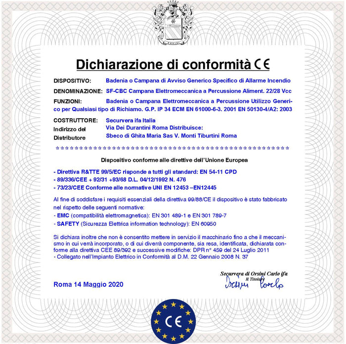 BADENIA CAMPANA ELETTROMECCANICA ROSSA PER SEGNALAZIONE ALLARME INCENDIO ALIMENTAZIONE 24 VCC RIPETE QUALSIASI AVVISO