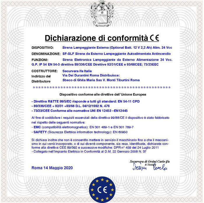 SIRENA LAMPEGGIANTE ANTISCHIUMA ROSSA ESTERNA UNA BADENIA E UNA SIRENA INTERNA ALIMENTATE 24 VCC SEGNALANO ALLARME INCENDIO