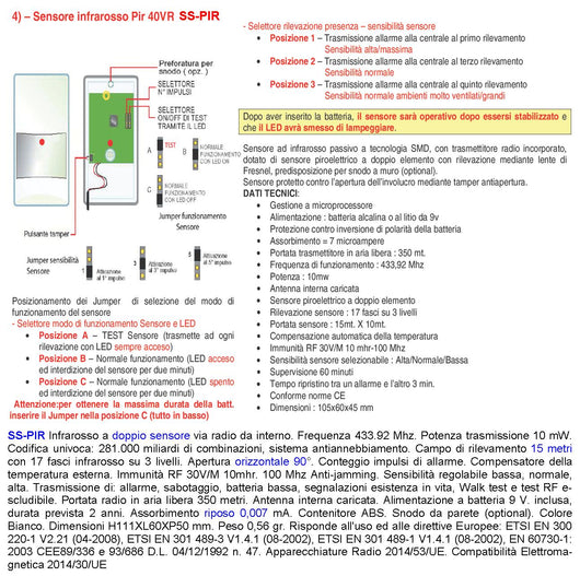 Infrarosso doppio Sensore di Movimento Estranei Via Radio 433,92 MHz Anti-jamming Portata 15 Metri Grandangolo Walk test Pir 40VR Codice Secur-Sydra GSM da Interno 17 Fasci Sensibili su 3 Livelli