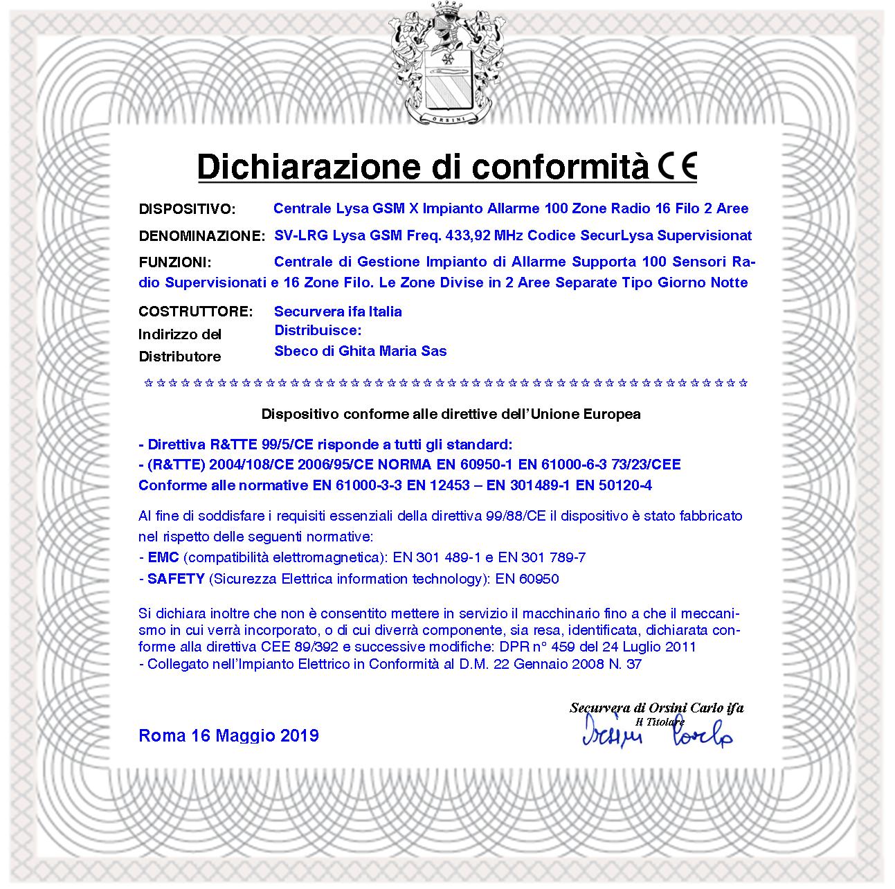 Allarme 100 Zone Radio 16 Filo Lysa GSM Centrale 433,92 MHz 3 Aree 2 Radiocomandi Bidirezionali 4 Canali Batteria 12 V 7 Ah Memoria Eventi App Sydra Android Codici Utente e Tecnico Ascolto Ambientale