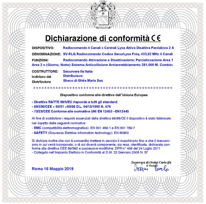 Radiocomando 2 Pezzi Inserimento e Disinserimento Totale e Parziale Tipo Giorno Notte Per Allarme Lysa64 e Lysa GSM Sydra 4 Canali Frequenza 433,92 MHz rolling code Anticollisione Antiannebbiamento