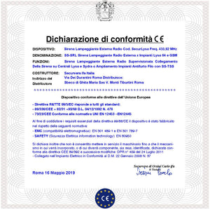 Sirena Esterna Radio Frequenza 433,92 MHz Bidirezionale Lampeggiante Led Anti Jamming Anticollisione Codici Antifurto SecurLisa Tromba 120 dB Segnala Stato Manomissione Durata Allarme 3,5 Minuti IP34