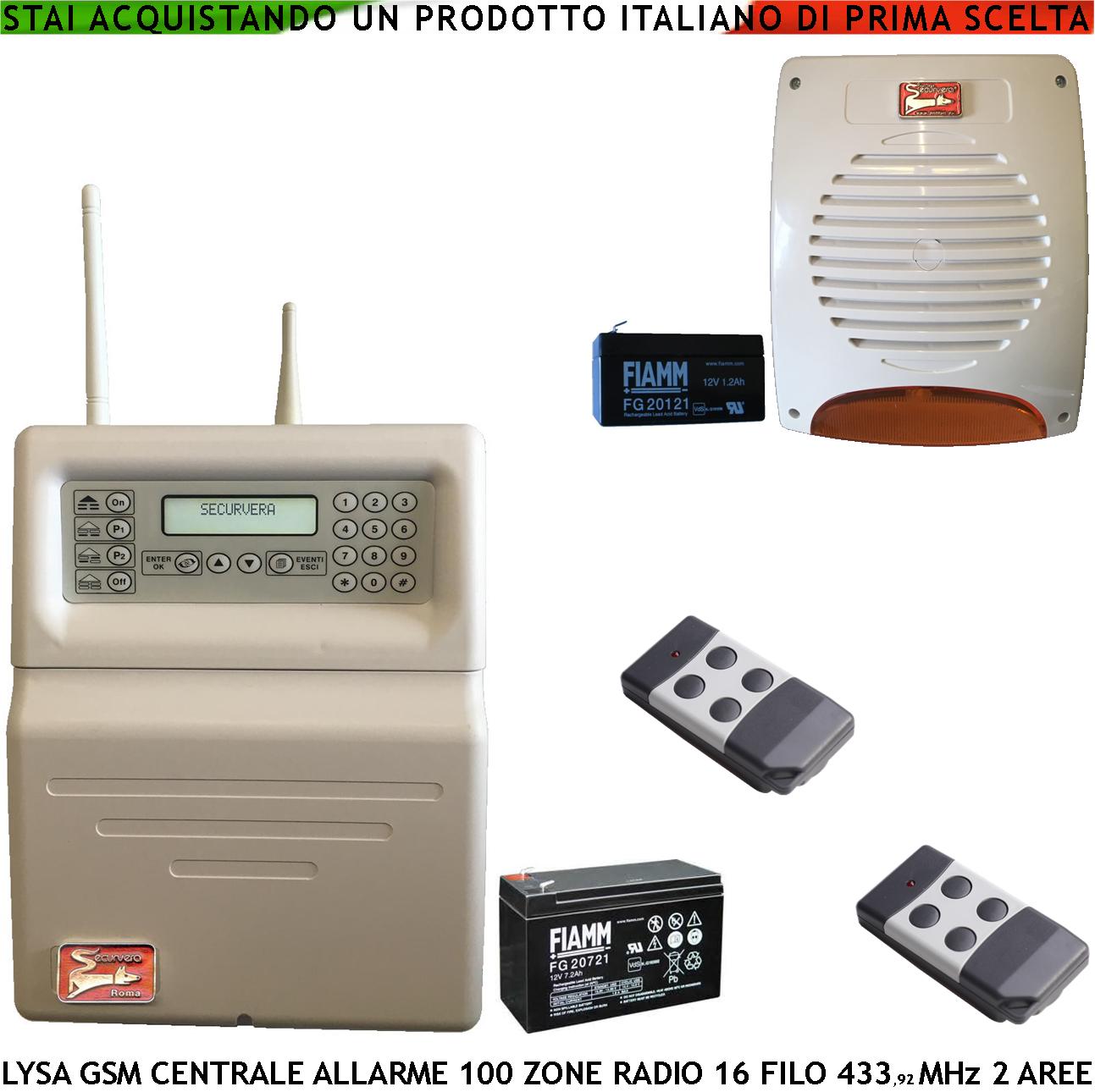 CENTRALE ANTIFURTO LYSA GSM 100 ZONE RADIO SUPERVISIONATE 16 ZONE FILO 2 AREE 2 RADIOCOMANDI COMBINATORE GSM SIRENA LAMPEGGIANTE