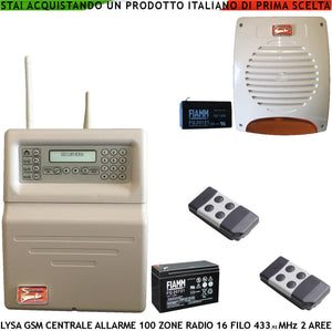 CENTRALE ANTIFURTO LYSA GSM 100 ZONE RADIO SUPERVISIONATE 16 ZONE FILO 2 AREE 2 RADIOCOMANDI COMBINATORE GSM SIRENA LAMPEGGIANTE