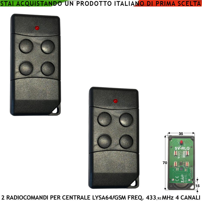 Telecomando 4 Canali Frequenza 433,92 MHz 2 Pezzi Per Inserimento e Disinserimento Totale e Parziale Come Giorno Notte Per Antifurto Lysa GSM Sydra evo Rolling Code Anticollisione Antiannebbiamento