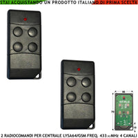 Radiocomando 2 Pezzi Inserimento e Disinserimento Totale e Parziale Tipo Giorno Notte Per Allarme Lysa64 e Lysa GSM Sydra 4 Canali Frequenza 433,92 MHz rolling code Anticollisione Antiannebbiamento