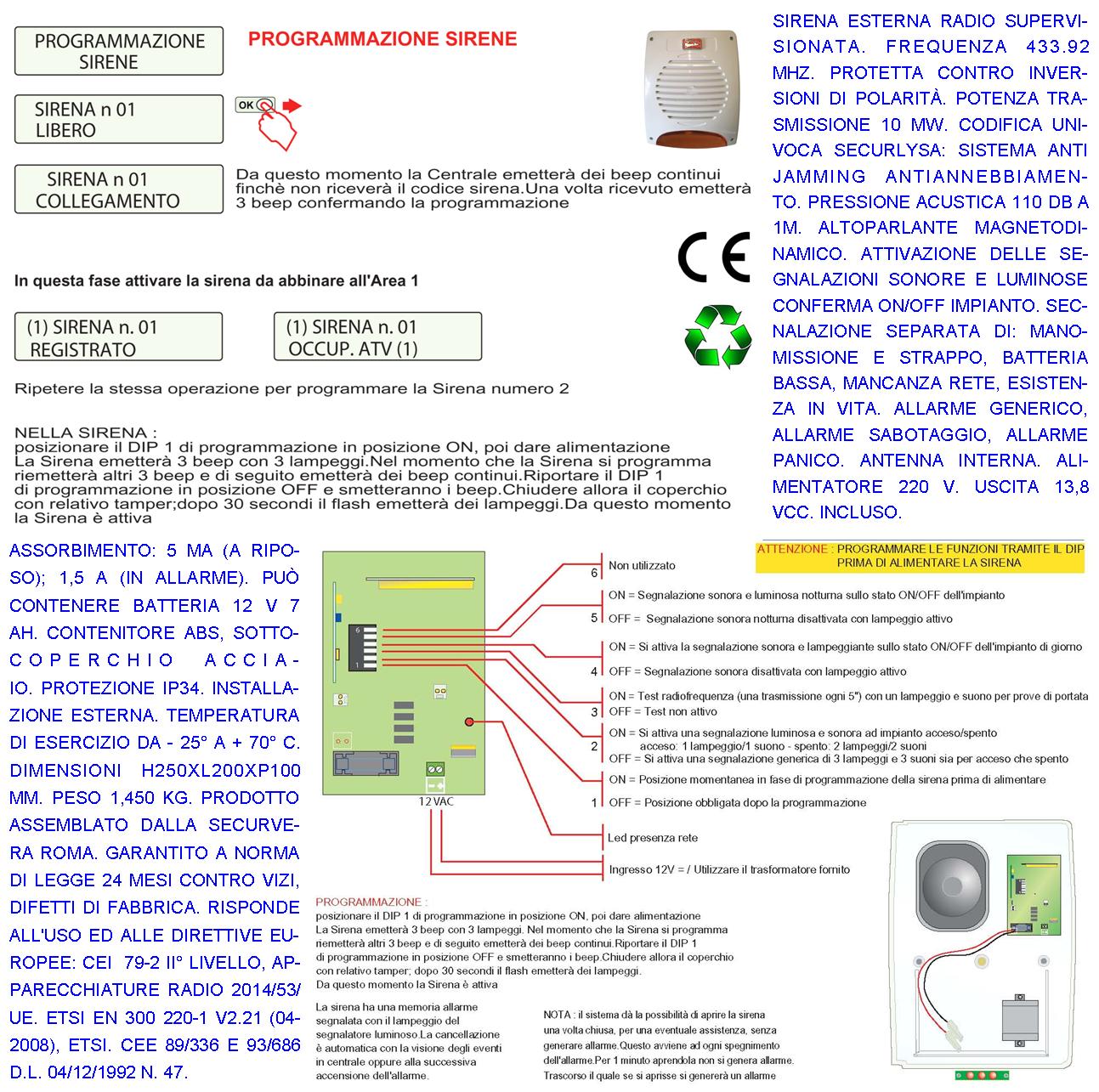 Sirena Wireless Frequenza 433 MHz Bidirezionale Lampeggiante Led Esterna Batteria 12V 1,2 Ah Anti Jamming Codici Antifurto SecurLisa Tromba 120 dB Segnala Stato Allarme x Manomissione 3,5 Minuti IP34