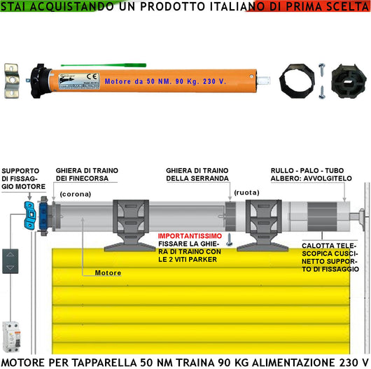 Tapparella Elettrica Motore 230 V 220 W Potenza di Traino 50 Nm Circa 90 KG Blocco Sollevamento Telo Fine Corsa Regolabili Accessori Meccanici x Tubo Ottagonale Diametro 60 mm Protezione Termica 135°