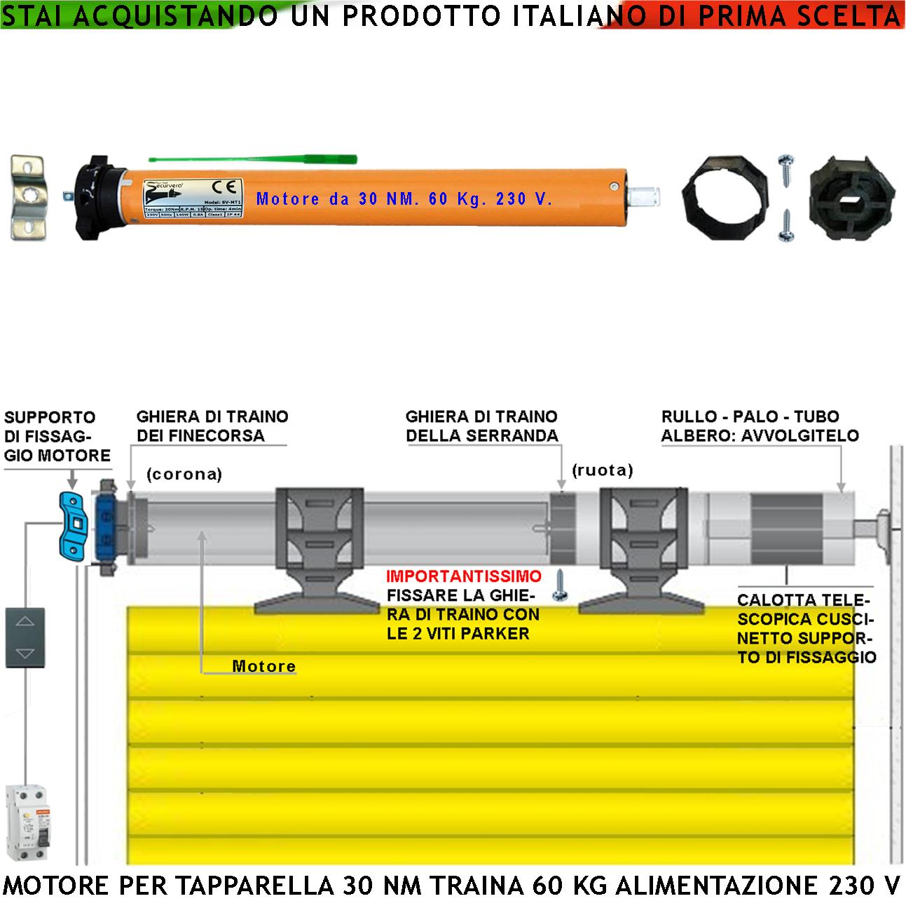 Kit Motore 230 V 170 W Per Tapparella 60 KG Potenza di Traino 30 Nm Sistema Blocco Sollevamento Telo Fine Corsa Regolabili Accessori Meccanici x Tubo Ottagonale Diametro 60 mm Protezione Termica 135°