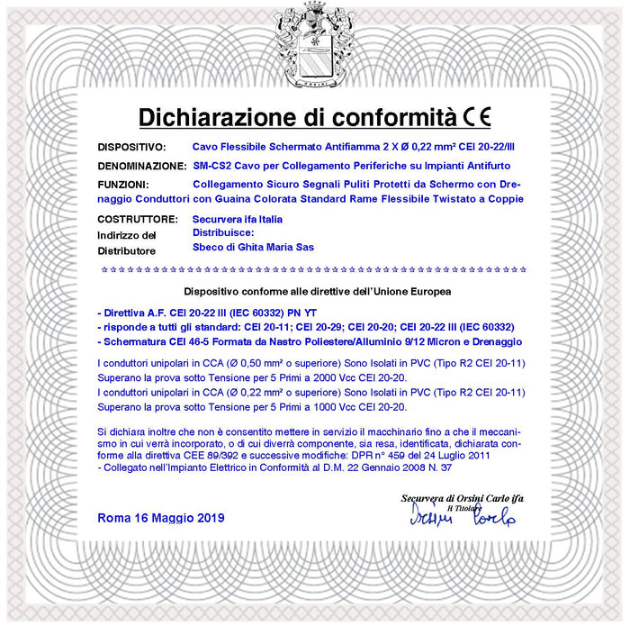 Cavo Flessibile Antifurto Schermato Antifiamma 2x0,22 mm² Guaina PVC Bianco Prot. Alluminio/Poliest Drenaggio 2 Condut. Polariz. Fili 7 Ø 0,19 mm Twistato Per Impianti di Allarme Norma CEI 20/22-III