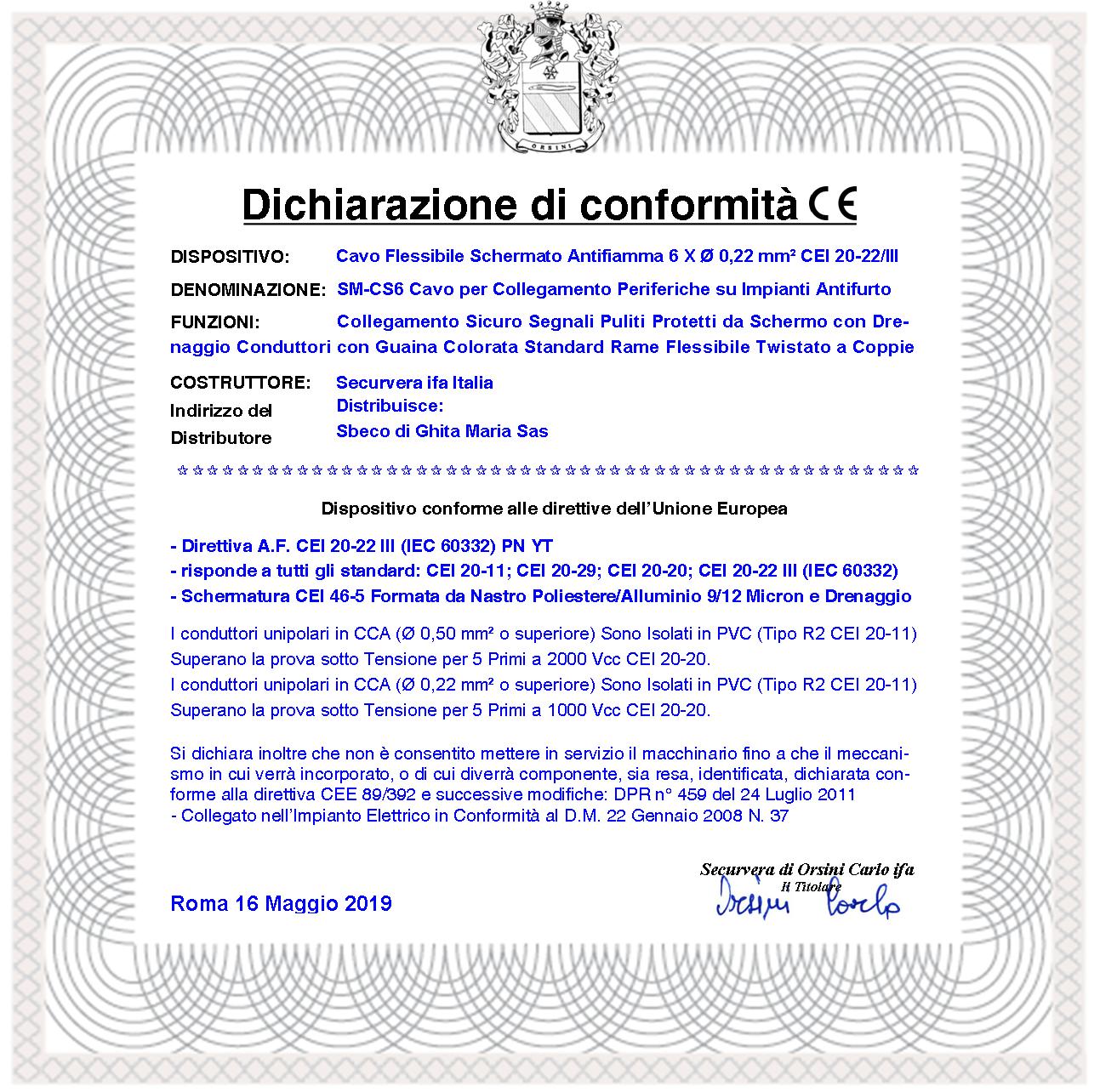 Cavo Flessibile Antifurto Schermato Antifiamma 6x0,22 mm² Guaina PVC Bianco Prot. Alluminio/Poliest Drenaggio 6 Condut. Polariz. Fili 7 Ø 0,19 mm Twistato Per Impianti di Allarme Norma CEI 20/22-III