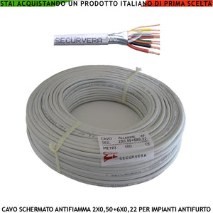 Cavo Schermato Flessibile Antifiamma 2X0,50+6X0,22 mm² Guaina PVC Bianco Prot. Alluminio/Poliestere Drenaggio Conduttore Fili 7 Ø 0,19 mm Twistato Per Impianti di Allarme Antifurto Norma CEI 20/22-III