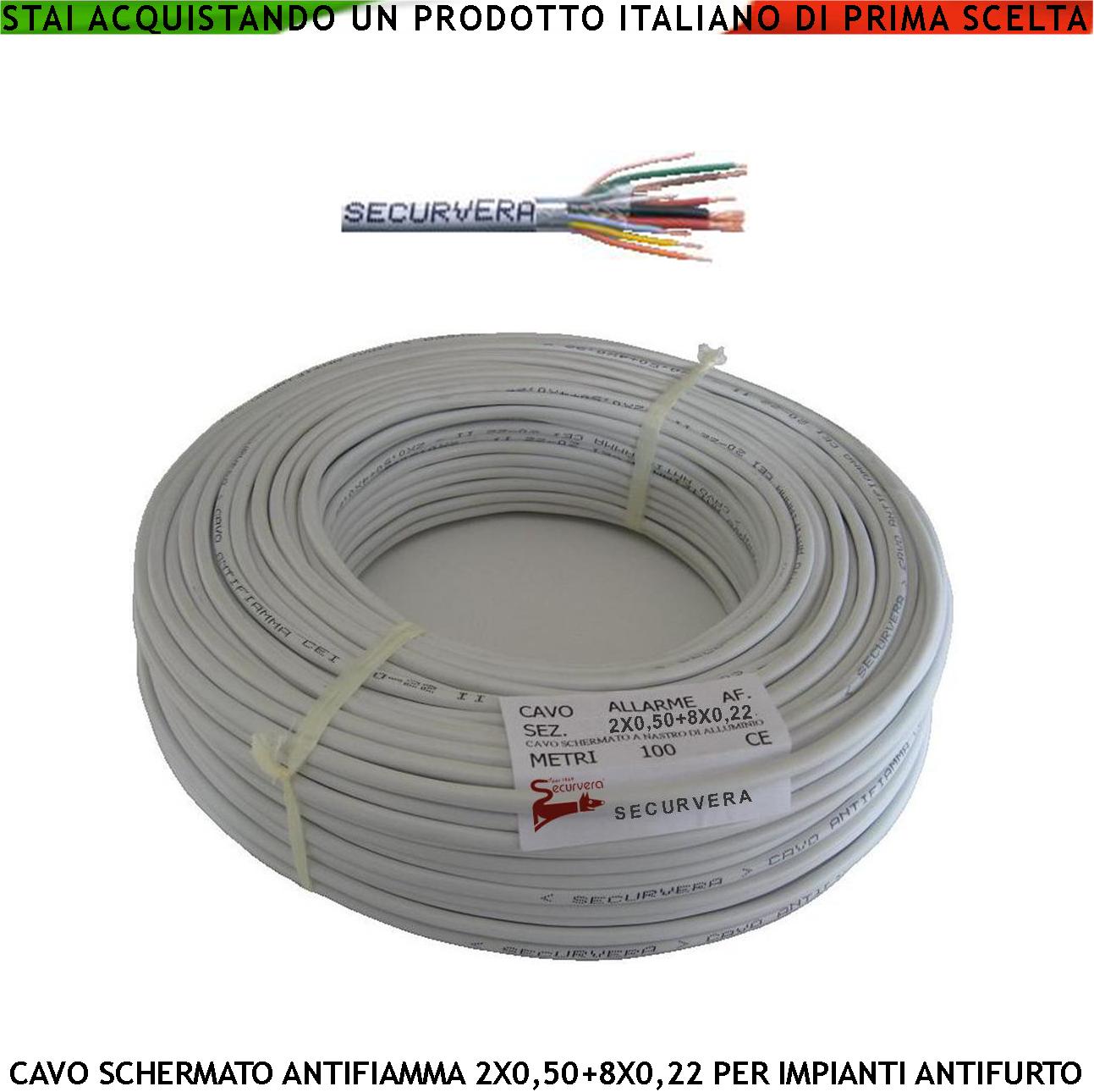 Cavo Schermato Flessibile Antifiamma 2X0,50+8X0,22 mm² Guaina PVC Bianco Prot. Alluminio/Poliestere Drenaggio Conduttore Fili 7 Ø 0,19 mm Twistato Per Impianti di Allarme Antifurto Norma CEI 20/22-III